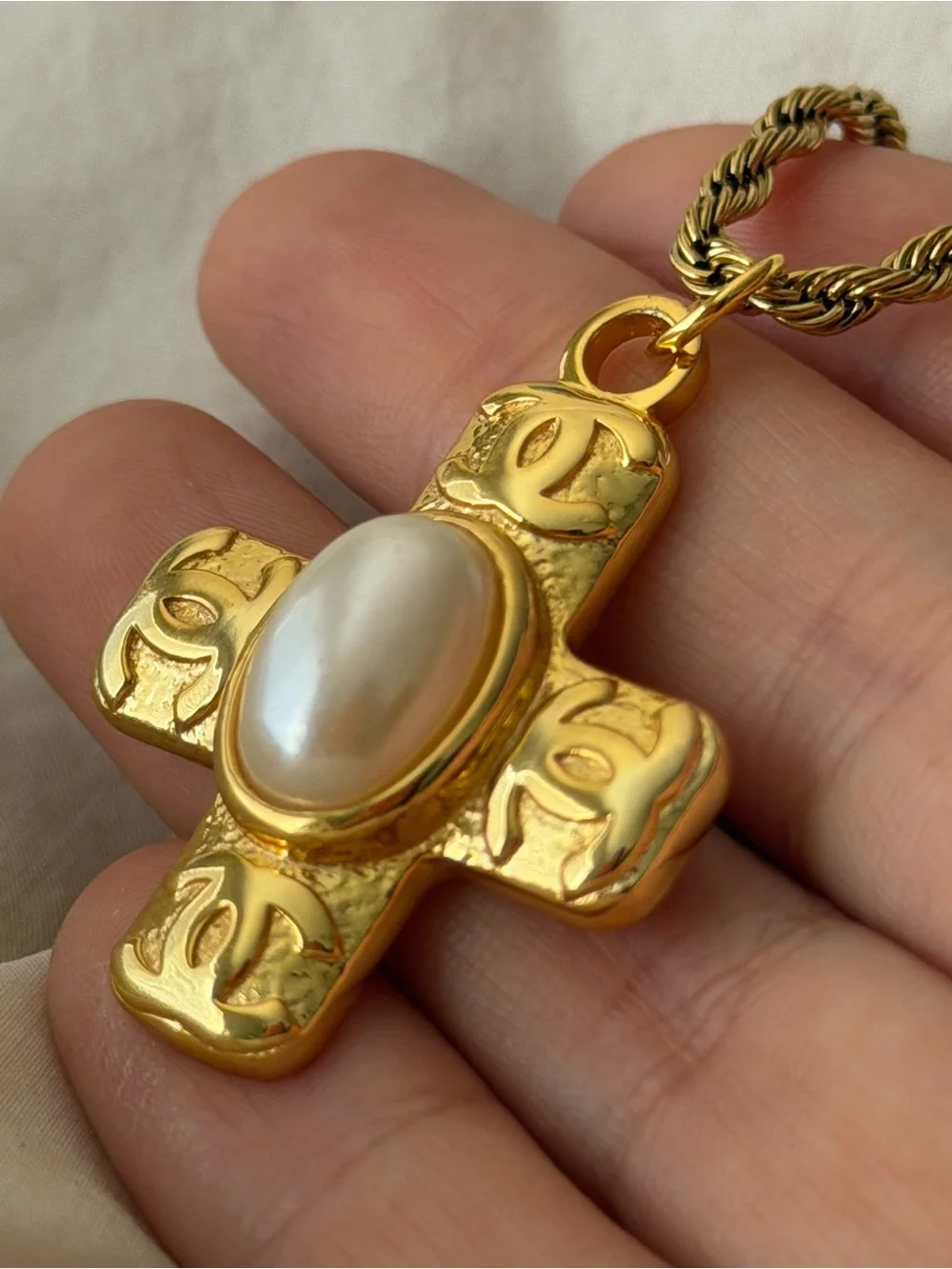 Gold Chanel Cross CC Pendant Necklace with Pearl Center